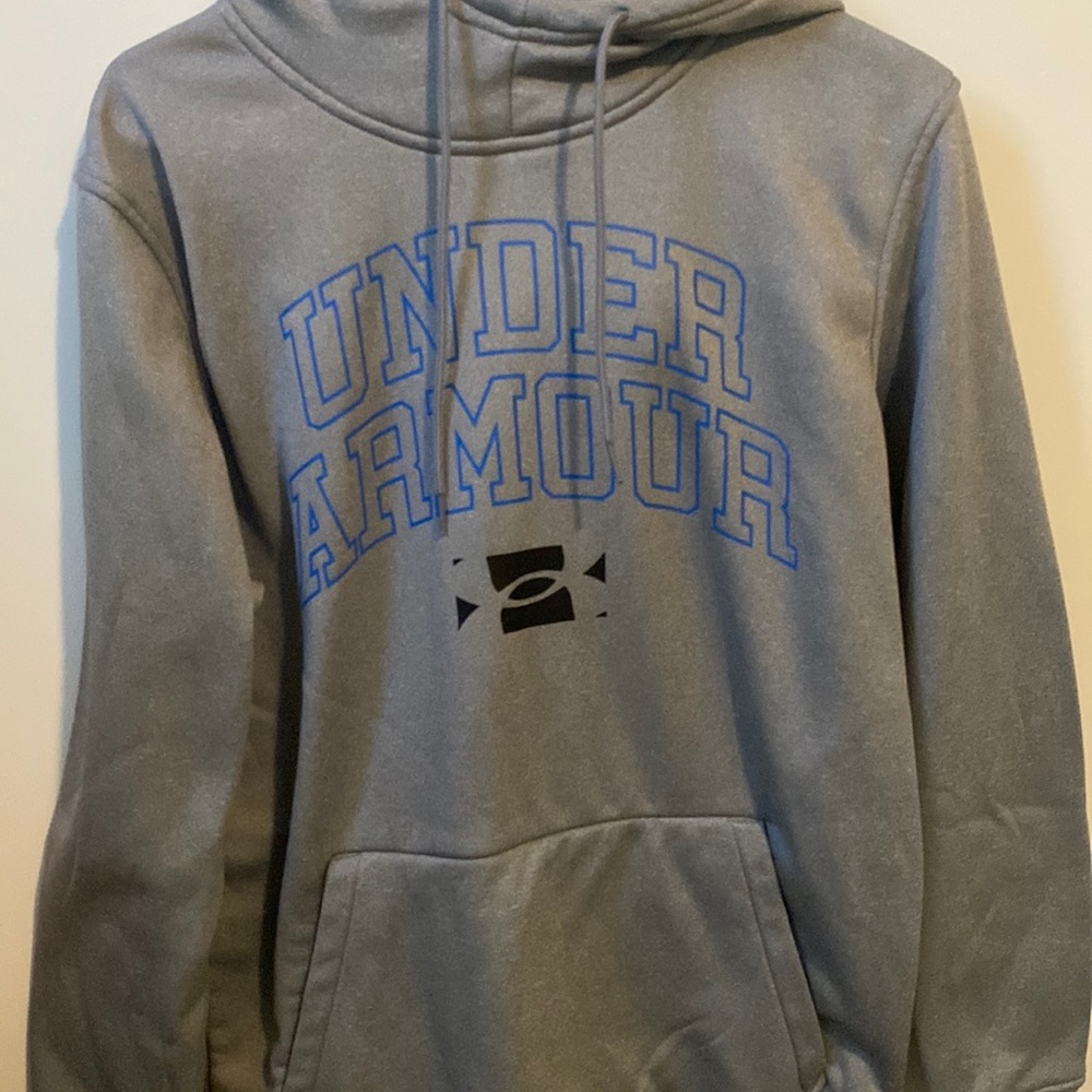 UNDERARMOUR, blue and gray hoodie, barley worn, athletic material.